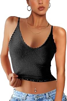 トップス CHIEKO classy tank-top CHYRII Womens Ruffled V Neck Cropped Tops Workout Basic Ribbed